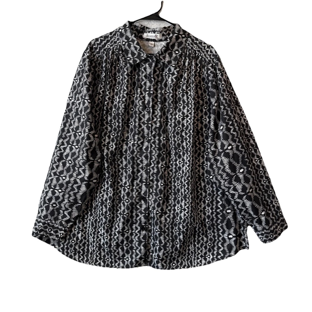 Roamans Black White Geometric Chain Button Up Relaxed Shirt 2X Tribal Ikat Art